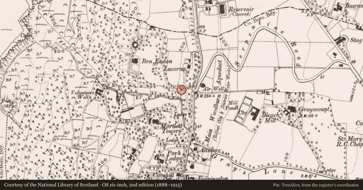Ordnance Survey six-inch map, 2nd edition (1888–1915) covering the location of St. Gerard's Roman Catholic Church, Greencastle, Belfast, with a pin at the register's coordinates