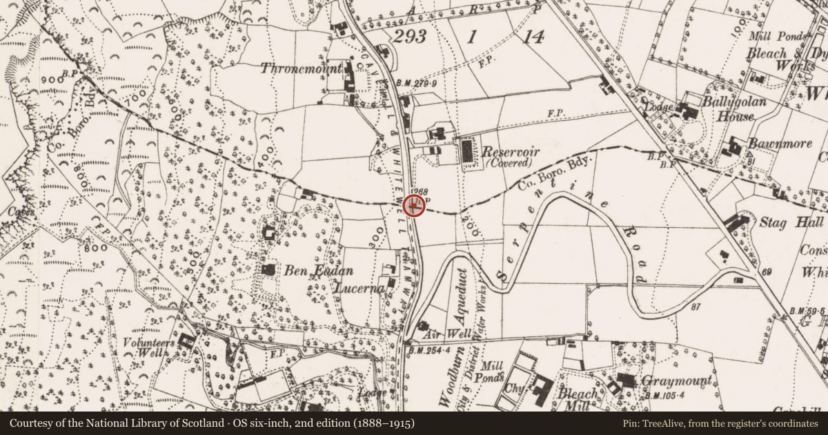 Ordnance Survey six-inch map, 2nd edition (1888–1915) covering the location of Parliamentary Boundary Post, Near 783 Antrim Road, Belfast, Co Antrim, Ballygolan/Green Castle, Belfast, with a pin at the register's coordinates