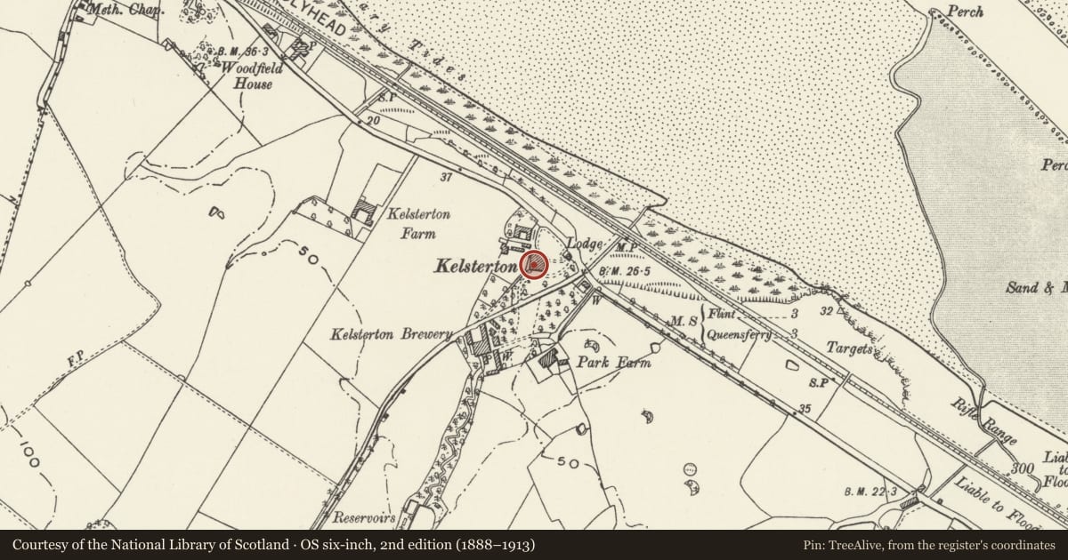 Ordnance Survey six-inch map, 2nd edition (1888–1913) covering the location of Kelsterton Hall, Connah's Quay, Flintshire, with a pin at the register's coordinates