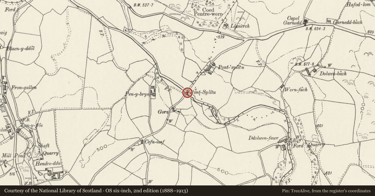 Ordnance Survey six-inch map, 2nd edition (1888–1913) covering the location of Pont Sylltu, Llangernyw, Conwy, with a pin at the register's coordinates
