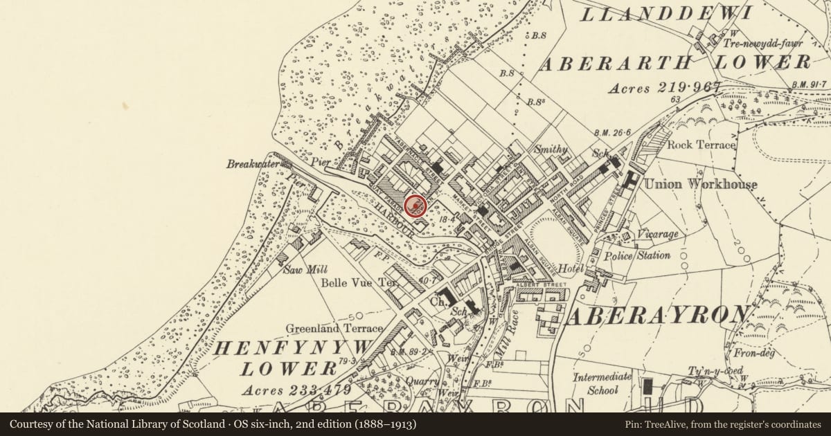 Ordnance Survey six-inch map, 2nd edition (1888–1913) covering the location of Coedmore, Aberaeron, Ceredigion, with a pin at the register's coordinates