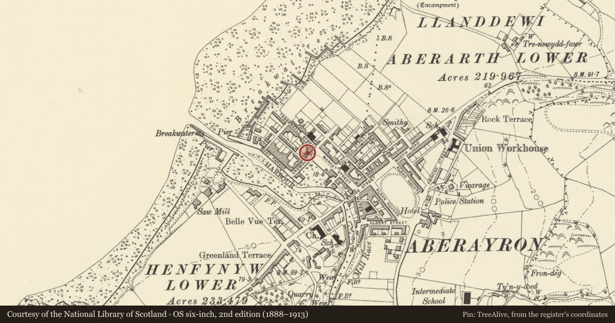 Ordnance Survey six-inch map, 2nd edition (1888–1913) covering the location of 6 Cadwgan Place, Aberaeron, Ceredigion, with a pin at the register's coordinates