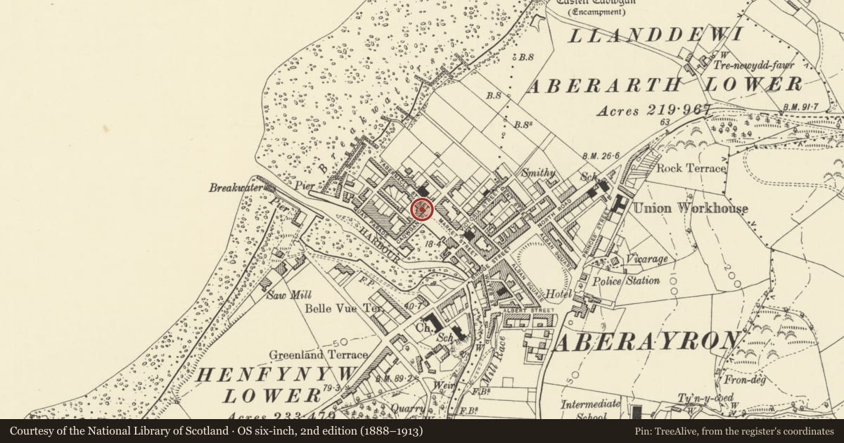 Ordnance Survey six-inch map, 2nd edition (1888–1913) covering the location of 8 Cadwgan Place, Aberaeron, Ceredigion, with a pin at the register's coordinates