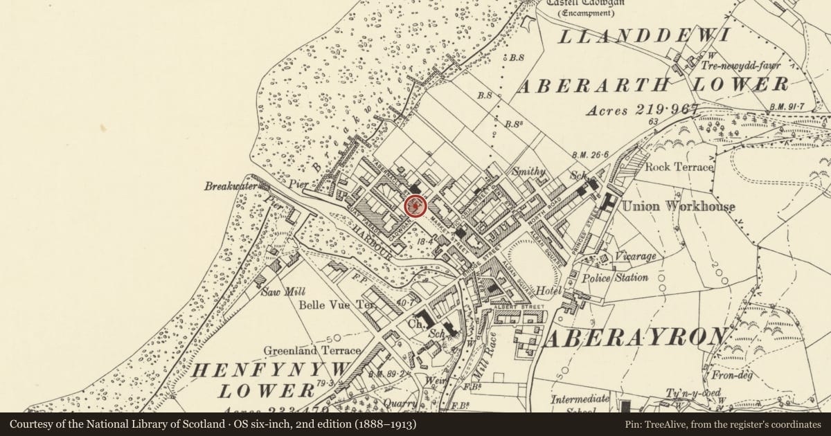 Ordnance Survey six-inch map, 2nd edition (1888–1913) covering the location of 9 Cadwgan Place, Aberaeron, Ceredigion, with a pin at the register's coordinates