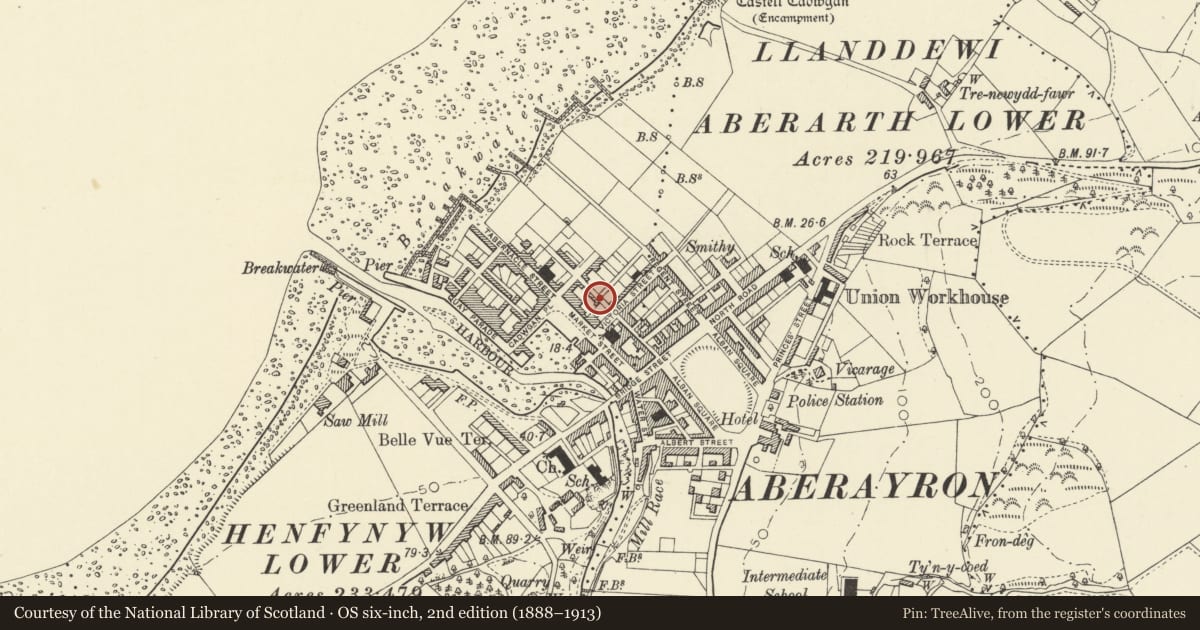 Ordnance Survey six-inch map, 2nd edition (1888–1913) covering the location of Property to rear of no 15 Market Street, Aberaeron, Ceredigion, with a pin at the register's coordinates