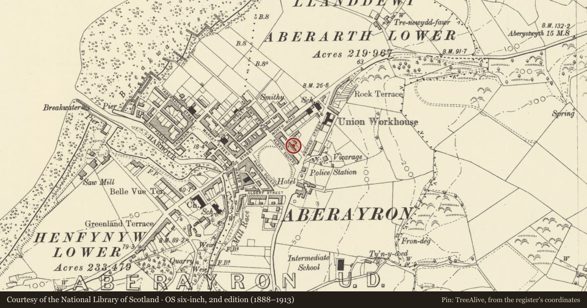 Ordnance Survey six-inch map, 2nd edition (1888–1913) covering the location of Building to rear of No 16 Alban Square, Aberaeron, Ceredigion, with a pin at the register's coordinates
