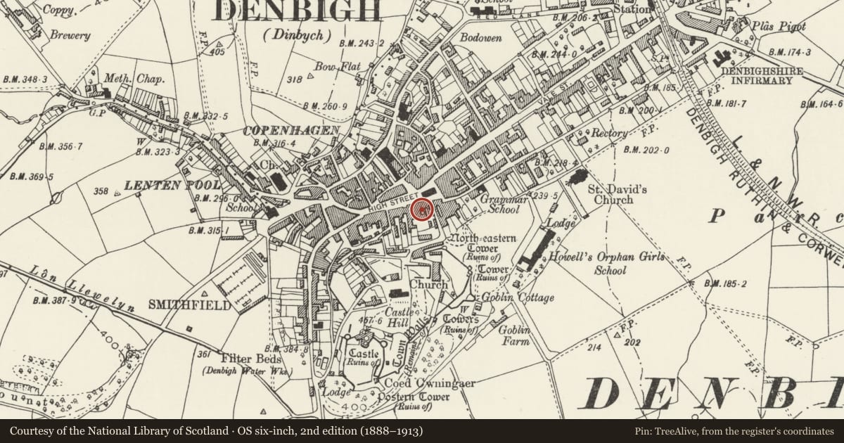 Ordnance Survey six-inch map, 2nd edition (1888–1913) covering the location of B Wise, Denbigh, Denbighshire, with a pin at the register's coordinates