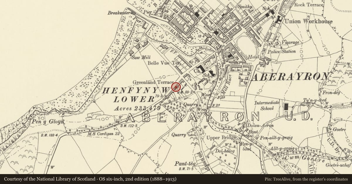 Ordnance Survey six-inch map, 2nd edition (1888–1913) covering the location of 6 Greenland Terrace, Aberaeron, Ceredigion, with a pin at the register's coordinates