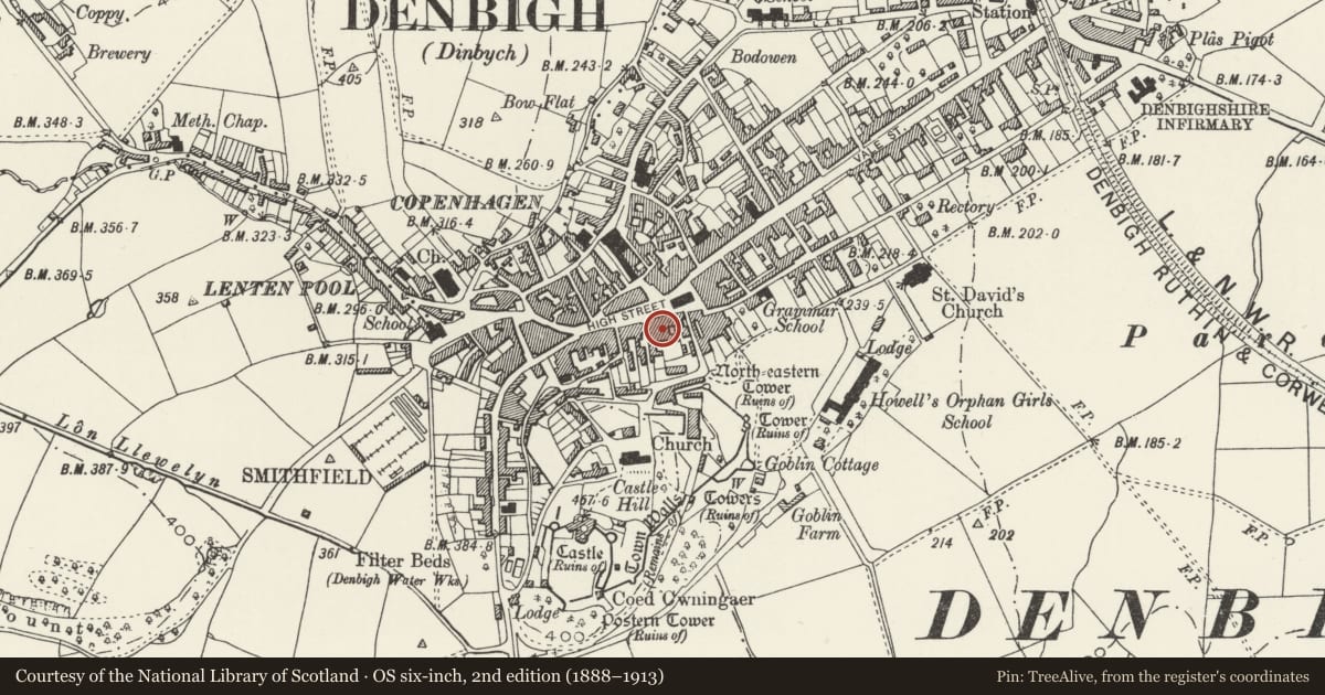 Ordnance Survey six-inch map, 2nd edition (1888–1913) covering the location of Co-op Supermarket, Denbigh, Denbighshire, with a pin at the register's coordinates