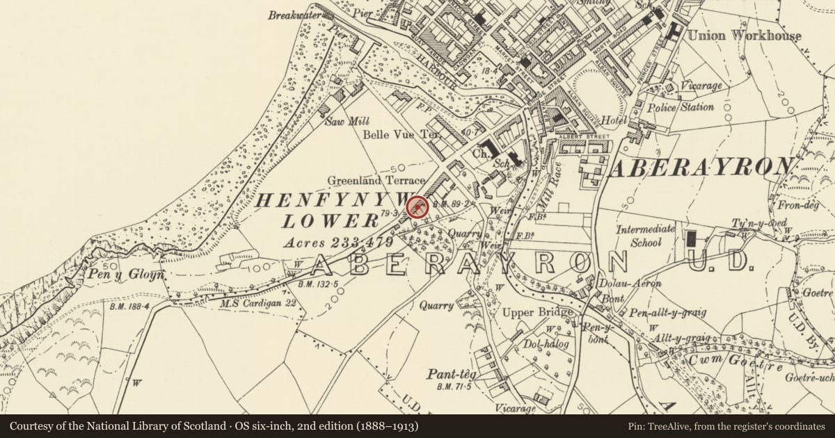 Ordnance Survey six-inch map, 2nd edition (1888–1913) covering the location of 11 Greenland Terrace, Aberaeron, Ceredigion, with a pin at the register's coordinates