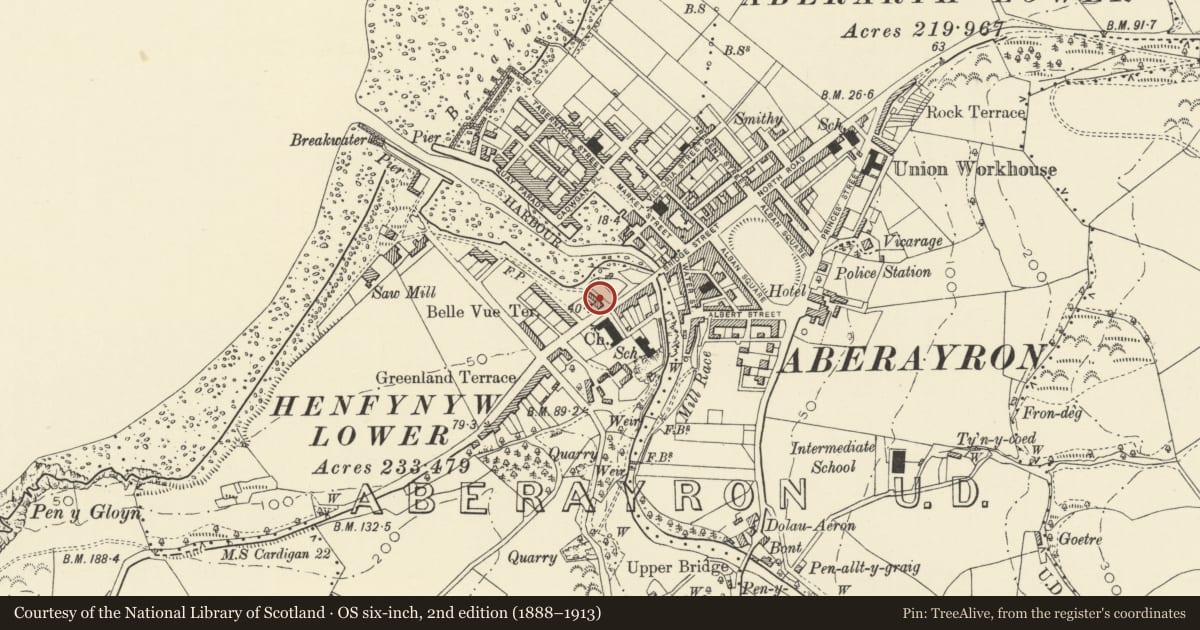 Ordnance Survey six-inch map, 2nd edition (1888–1913) covering the location of 1 Harbour Lane, Aberaeron, Ceredigion, with a pin at the register's coordinates