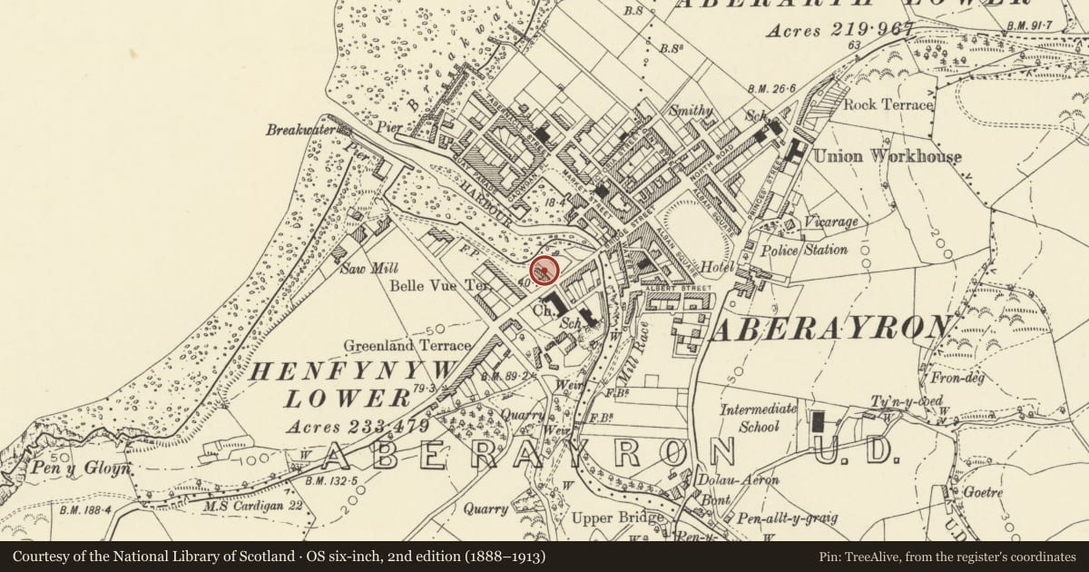 Ordnance Survey six-inch map, 2nd edition (1888–1913) covering the location of 2 Harbour Lane, Aberaeron, Ceredigion, with a pin at the register's coordinates