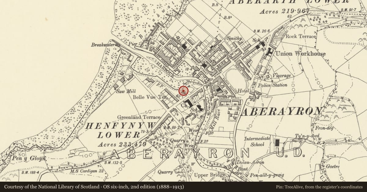 Ordnance Survey six-inch map, 2nd edition (1888–1913) covering the location of 4 Harbour Lane, Aberaeron, Ceredigion, with a pin at the register's coordinates