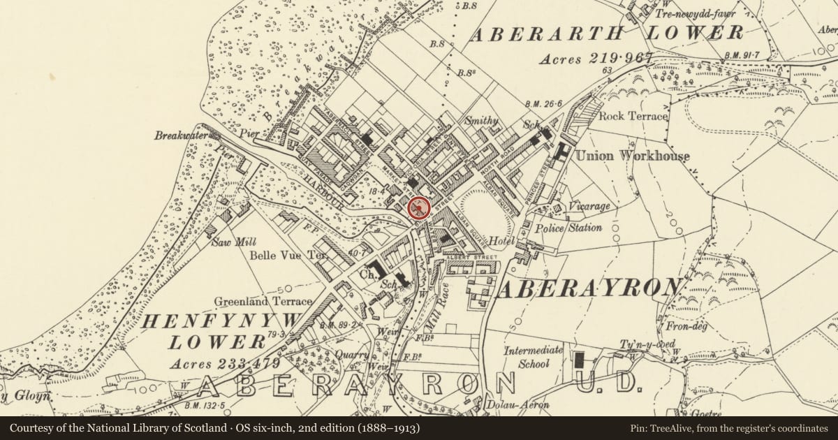 Ordnance Survey six-inch map, 2nd edition (1888–1913) covering the location of 2 Market Street, Aberaeron, Ceredigion, with a pin at the register's coordinates