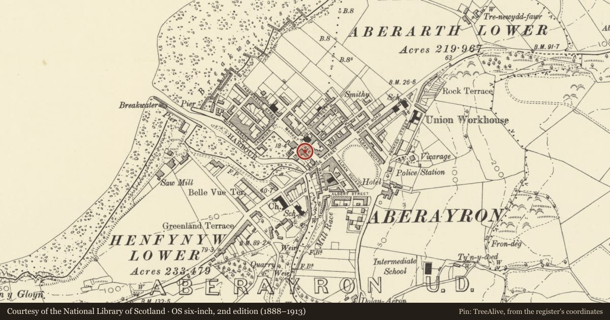 Ordnance Survey six-inch map, 2nd edition (1888–1913) covering the location of 5 Market Street, Aberaeron, Ceredigion, with a pin at the register's coordinates