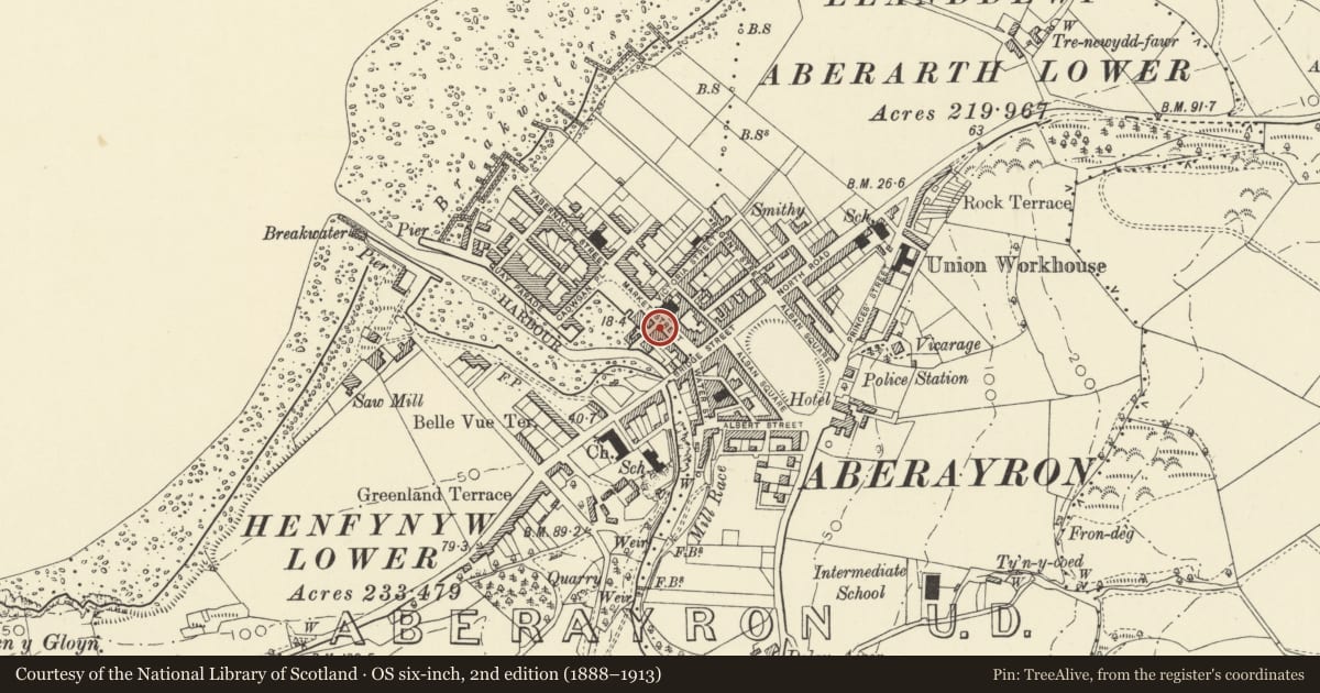 Ordnance Survey six-inch map, 2nd edition (1888–1913) covering the location of 6 Market Street, Aberaeron, Ceredigion, with a pin at the register's coordinates