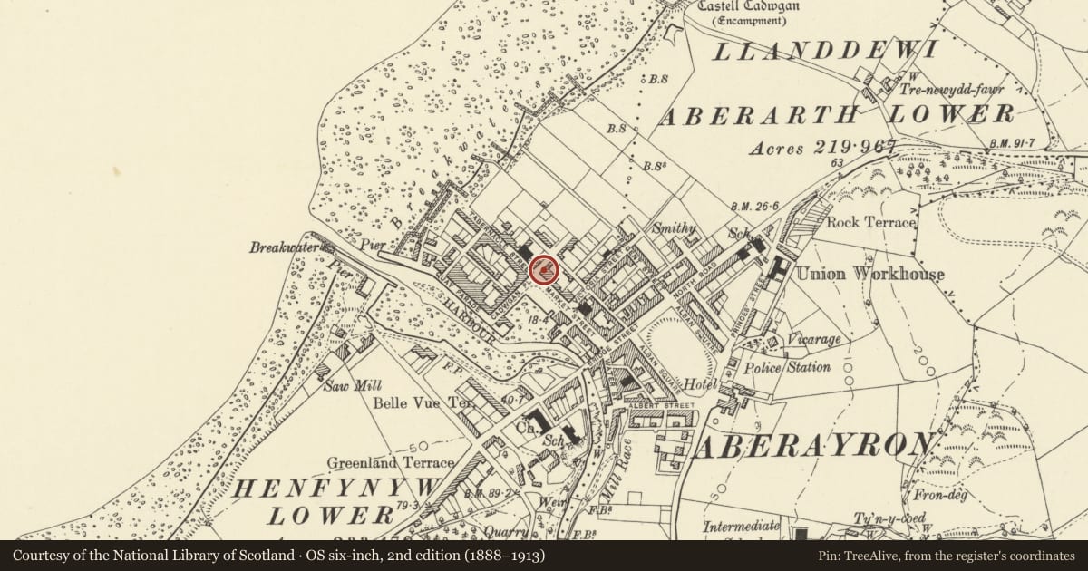 Ordnance Survey six-inch map, 2nd edition (1888–1913) covering the location of 9 Market Street, Aberaeron, Ceredigion, with a pin at the register's coordinates