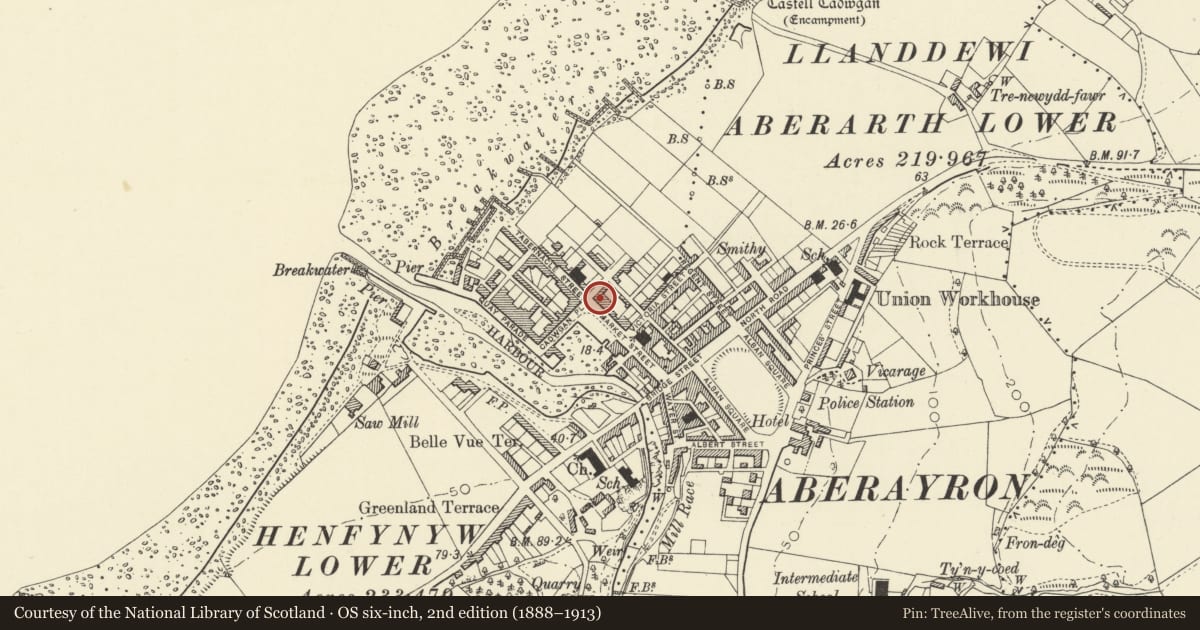Ordnance Survey six-inch map, 2nd edition (1888–1913) covering the location of 10 Market Street, Aberaeron, Ceredigion, with a pin at the register's coordinates
