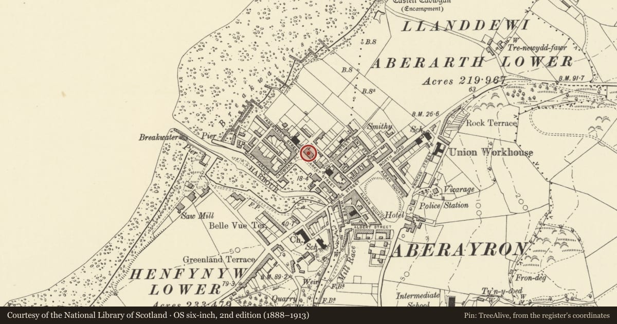 Ordnance Survey six-inch map, 2nd edition (1888–1913) covering the location of 11 Market Street, Aberaeron, Ceredigion, with a pin at the register's coordinates