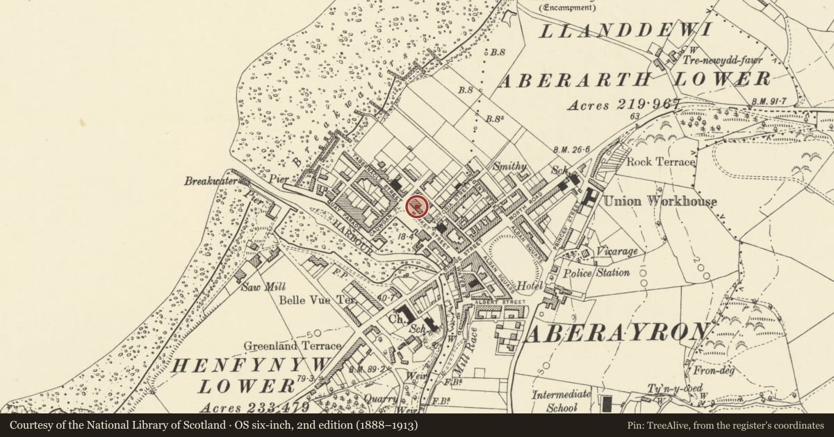 Ordnance Survey six-inch map, 2nd edition (1888–1913) covering the location of 13 Market Street, Aberaeron, Ceredigion, with a pin at the register's coordinates