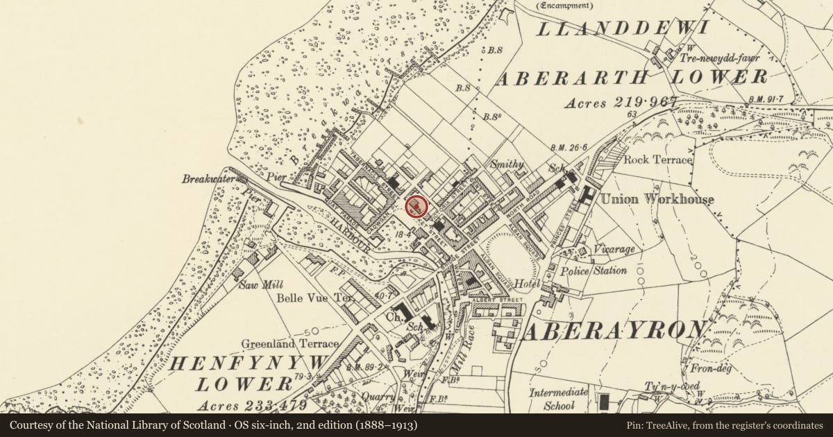 Ordnance Survey six-inch map, 2nd edition (1888–1913) covering the location of 14 Market Street, Aberaeron, Ceredigion, with a pin at the register's coordinates