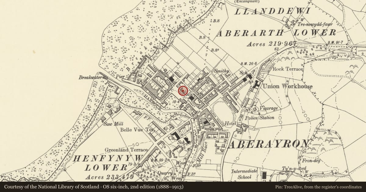 Ordnance Survey six-inch map, 2nd edition (1888–1913) covering the location of 15 Market Street, Aberaeron, Ceredigion, with a pin at the register's coordinates