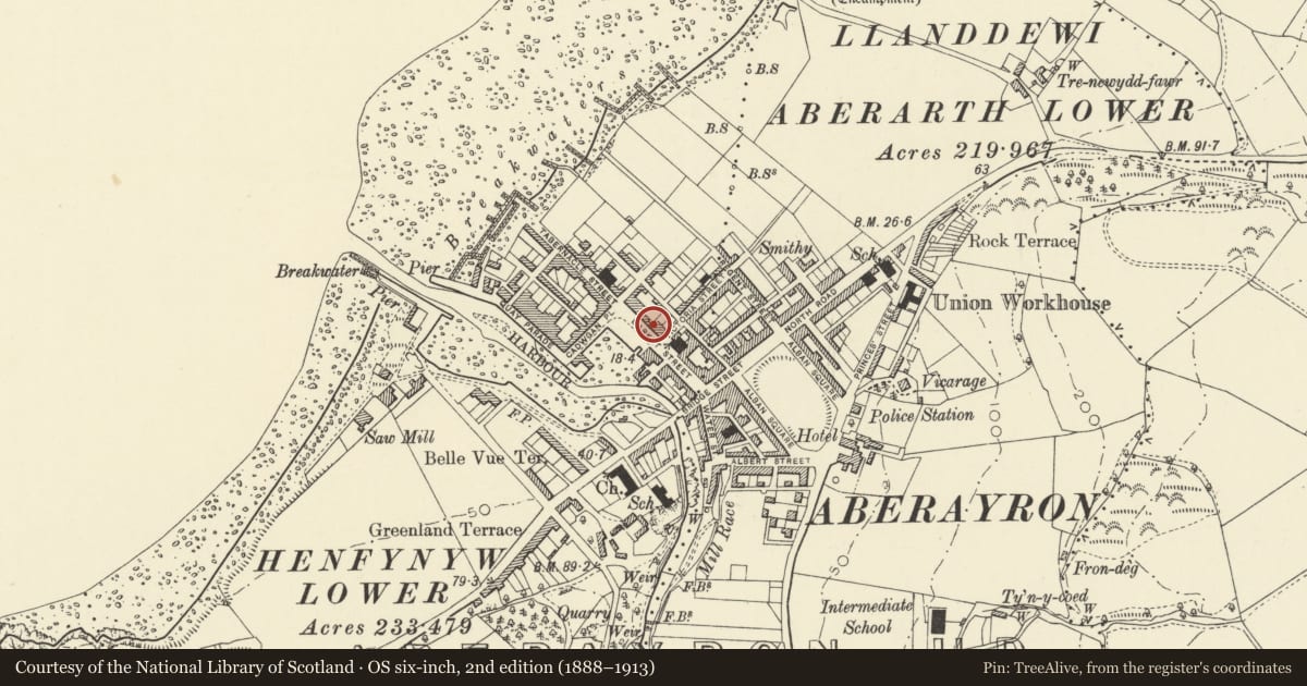 Ordnance Survey six-inch map, 2nd edition (1888–1913) covering the location of 16 Market Street, Aberaeron, Ceredigion, with a pin at the register's coordinates