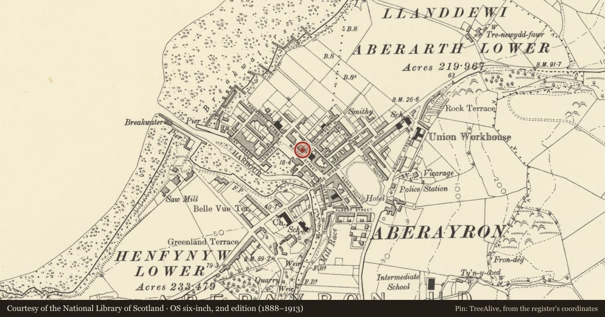 Ordnance Survey six-inch map, 2nd edition (1888–1913) covering the location of 17 Market Street, Aberaeron, Ceredigion, with a pin at the register's coordinates