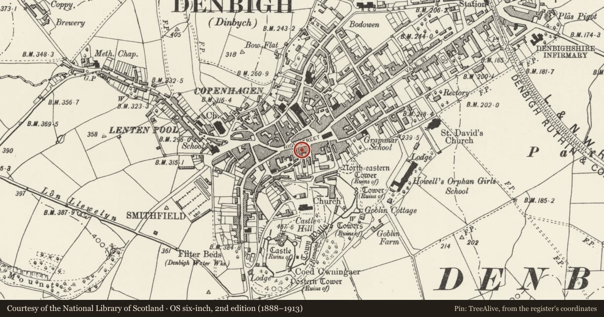 Ordnance Survey six-inch map, 2nd edition (1888–1913) covering the location of Boots Pharmacy, Denbigh, Denbighshire, with a pin at the register's coordinates
