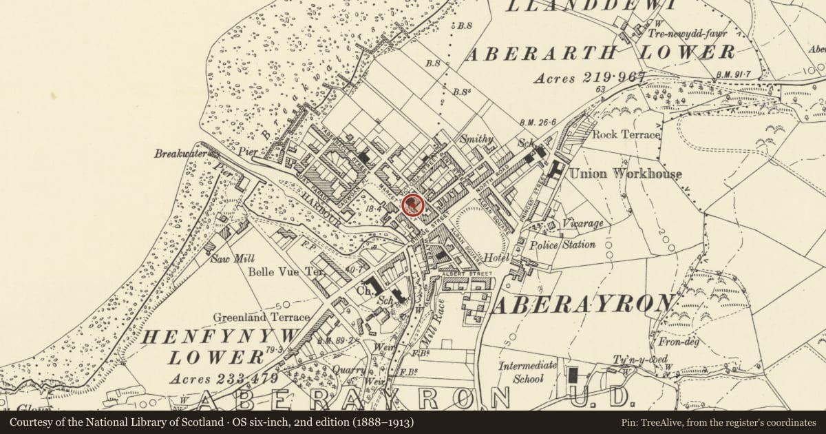 Ordnance Survey six-inch map, 2nd edition (1888–1913) covering the location of 18 Market Street, Aberaeron, Ceredigion, with a pin at the register's coordinates