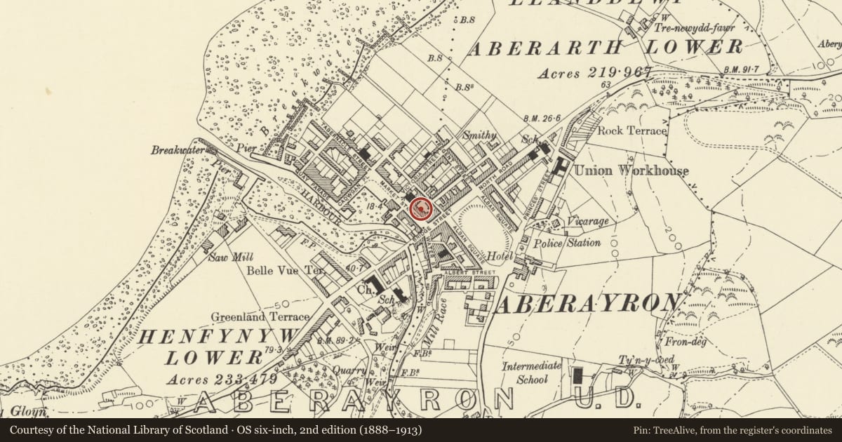 Ordnance Survey six-inch map, 2nd edition (1888–1913) covering the location of 20 Market Street, Aberaeron, Ceredigion, with a pin at the register's coordinates