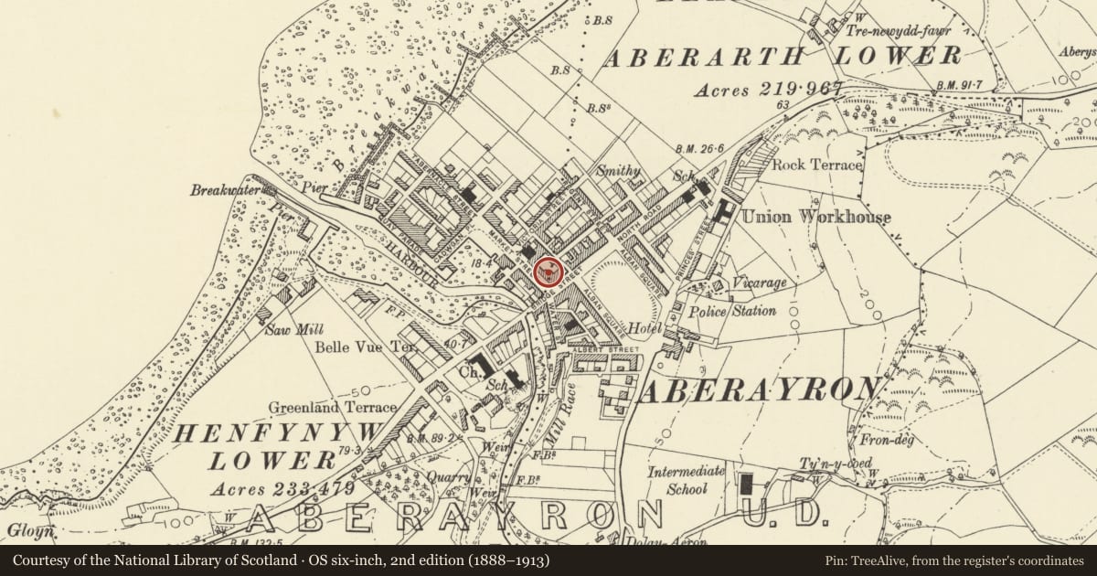 Ordnance Survey six-inch map, 2nd edition (1888–1913) covering the location of 21 Market Street, Aberaeron, Ceredigion, with a pin at the register's coordinates