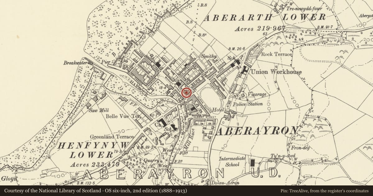 Ordnance Survey six-inch map, 2nd edition (1888–1913) covering the location of Castle Hotel, Aberaeron, Ceredigion, with a pin at the register's coordinates