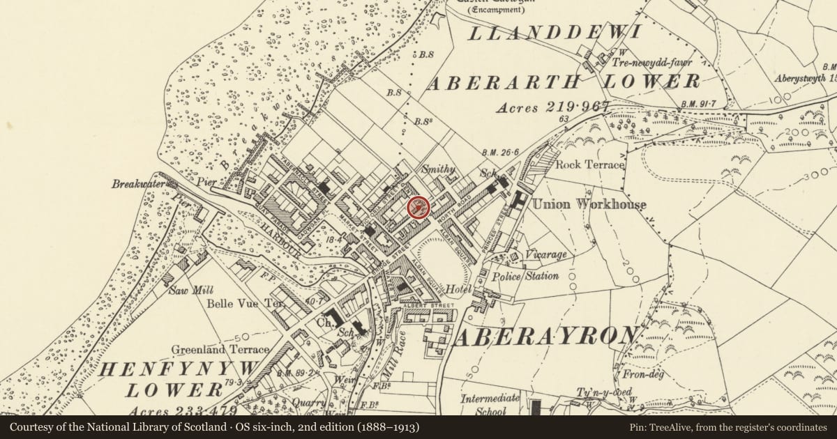 Ordnance Survey six-inch map, 2nd edition (1888–1913) covering the location of 1 Masons Road, Aberaeron, Ceredigion, with a pin at the register's coordinates