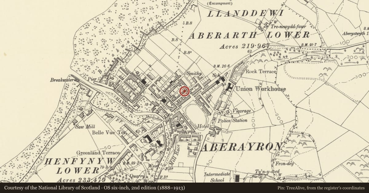 Ordnance Survey six-inch map, 2nd edition (1888–1913) covering the location of 2 Masons Road, Aberaeron, Ceredigion, with a pin at the register's coordinates