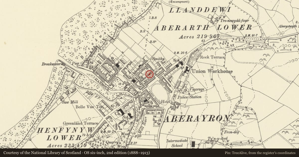 Ordnance Survey six-inch map, 2nd edition (1888–1913) covering the location of 3 Masons Road, Aberaeron, Ceredigion, with a pin at the register's coordinates