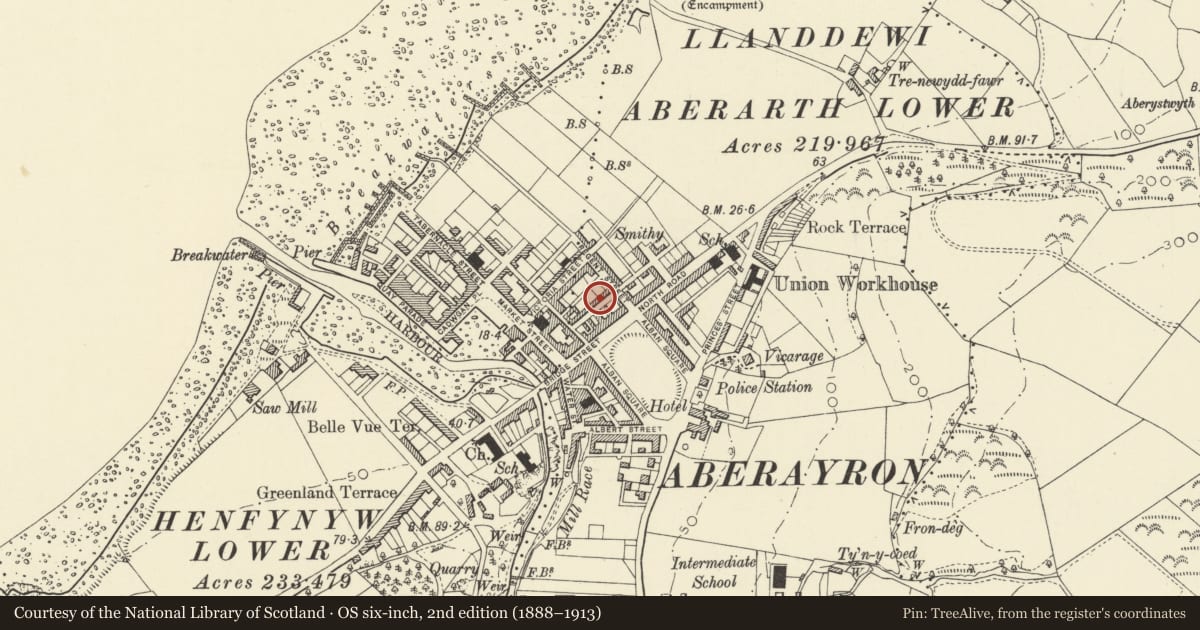 Ordnance Survey six-inch map, 2nd edition (1888–1913) covering the location of 4 Masons Road, Aberaeron, Ceredigion, with a pin at the register's coordinates