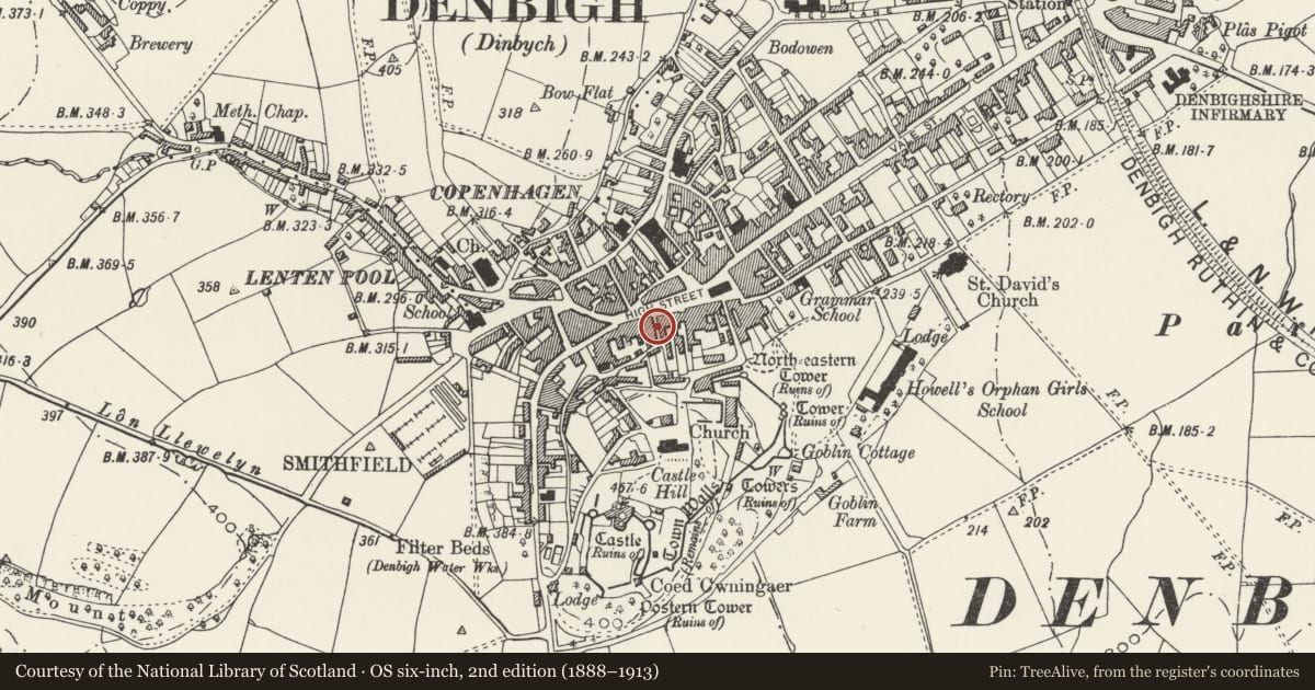Ordnance Survey six-inch map, 2nd edition (1888–1913) covering the location of The Old Vaults PH, Denbigh, Denbighshire, with a pin at the register's coordinates