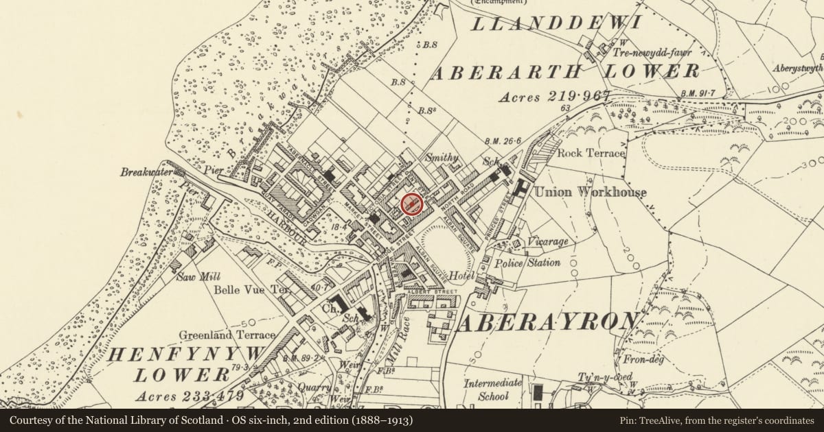 Ordnance Survey six-inch map, 2nd edition (1888–1913) covering the location of 5 Masons Road, Aberaeron, Ceredigion, with a pin at the register's coordinates