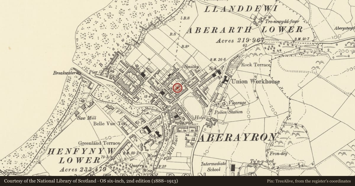 Ordnance Survey six-inch map, 2nd edition (1888–1913) covering the location of 6 Masons Road, Aberaeron, Ceredigion, with a pin at the register's coordinates