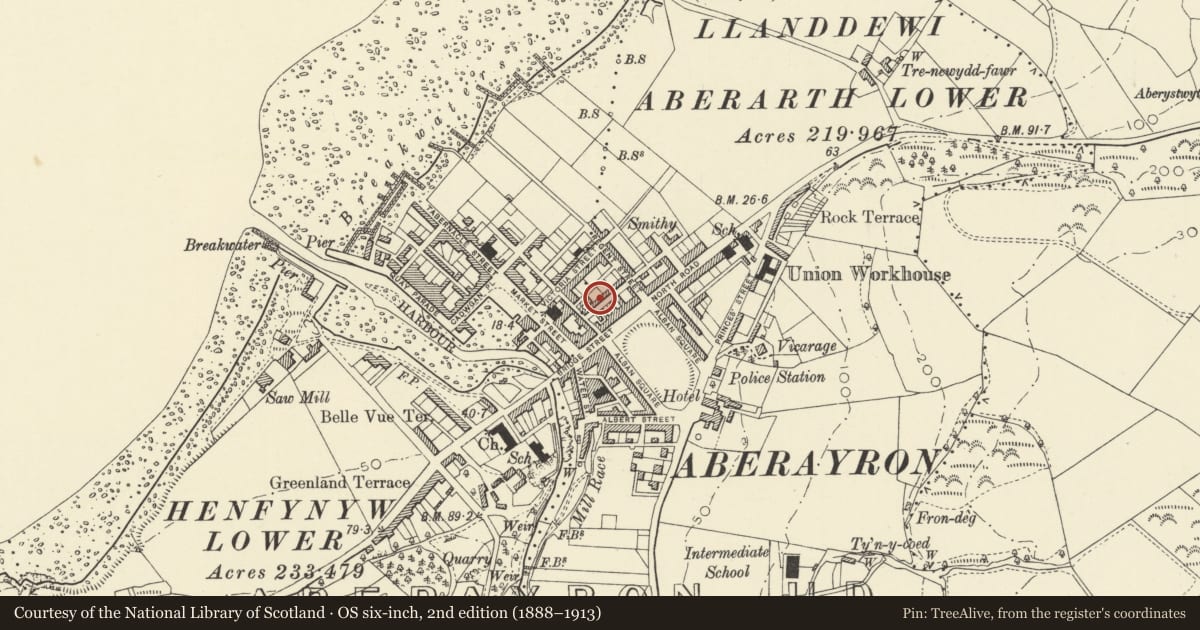 Ordnance Survey six-inch map, 2nd edition (1888–1913) covering the location of 7 Masons Road, Aberaeron, Ceredigion, with a pin at the register's coordinates