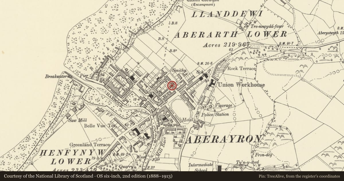 Ordnance Survey six-inch map, 2nd edition (1888–1913) covering the location of 9 Regent Street, Aberaeron, Ceredigion, with a pin at the register's coordinates