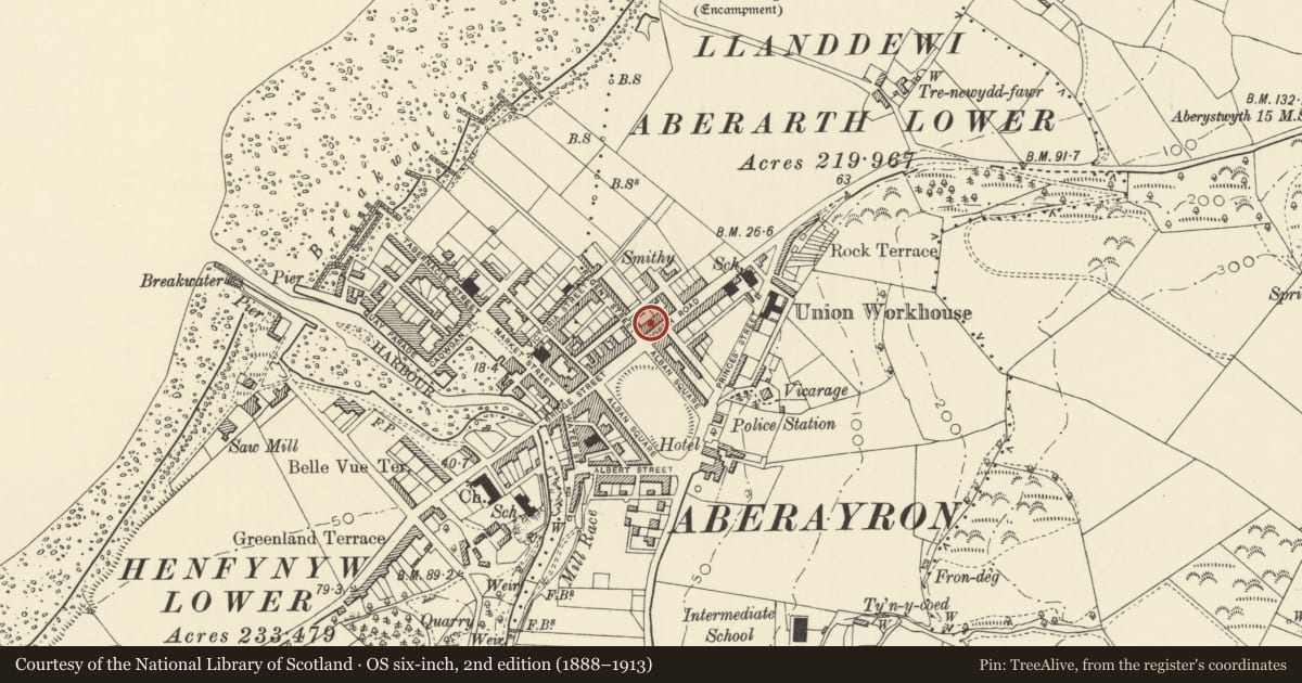 Ordnance Survey six-inch map, 2nd edition (1888–1913) covering the location of 2 North Road, Aberaeron, Ceredigion, with a pin at the register's coordinates