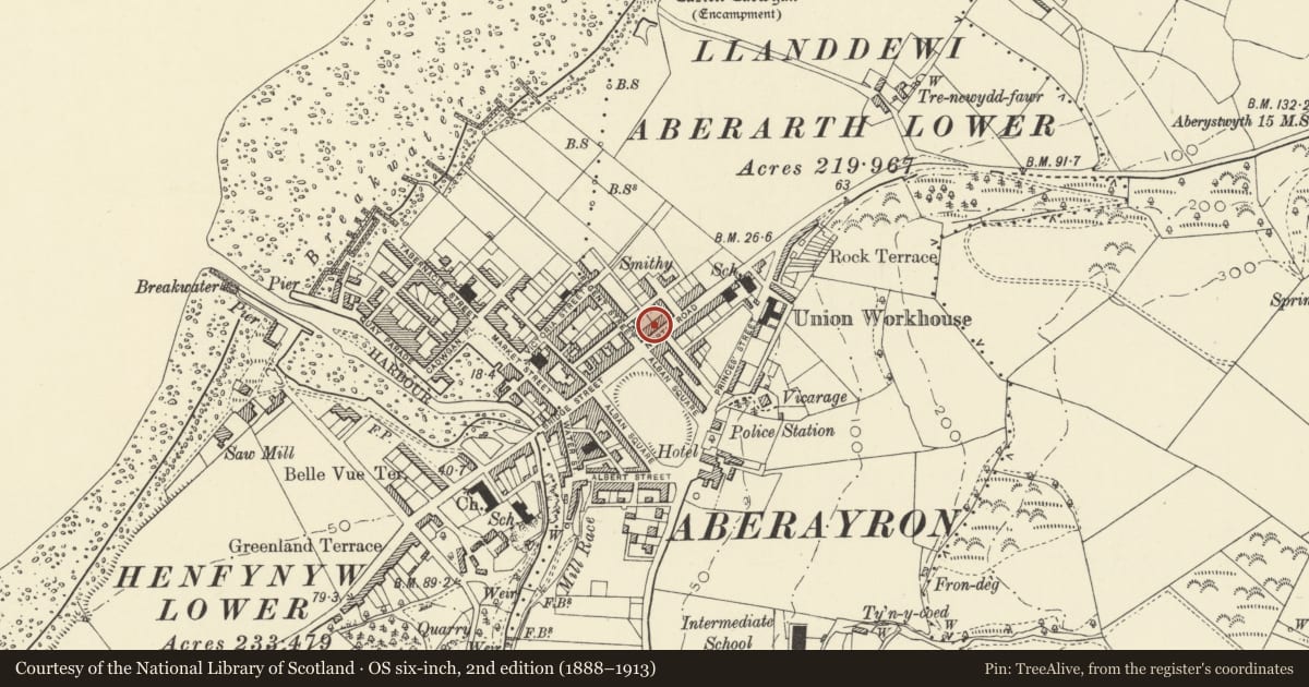 Ordnance Survey six-inch map, 2nd edition (1888–1913) covering the location of 3 North Road, Aberaeron, Ceredigion, with a pin at the register's coordinates