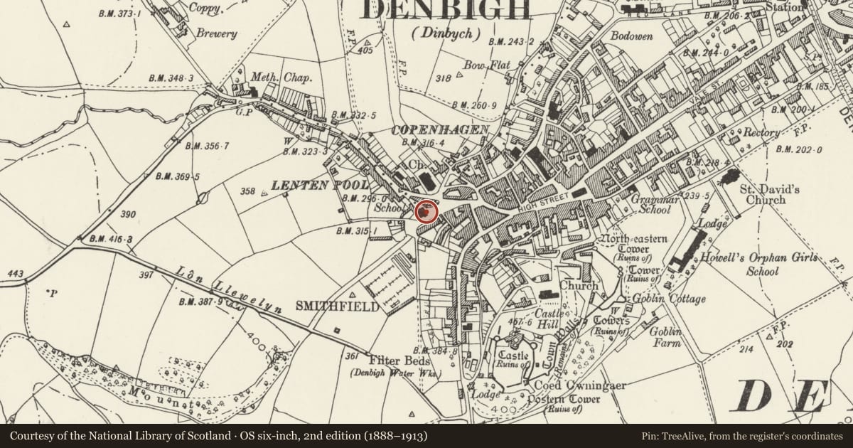 Ordnance Survey six-inch map, 2nd edition (1888–1913) covering the location of Former Primary School, Denbigh, Denbighshire, with a pin at the register's coordinates