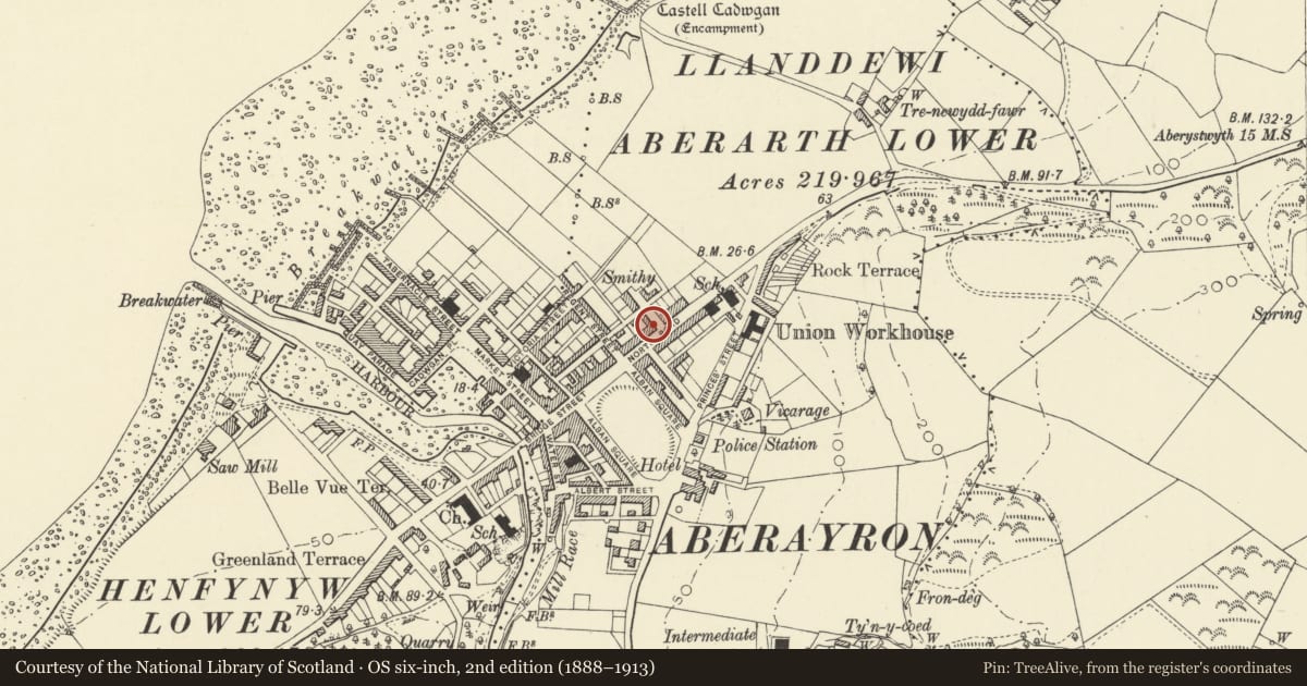 Ordnance Survey six-inch map, 2nd edition (1888–1913) covering the location of 6 North Road, Aberaeron, Ceredigion, with a pin at the register's coordinates