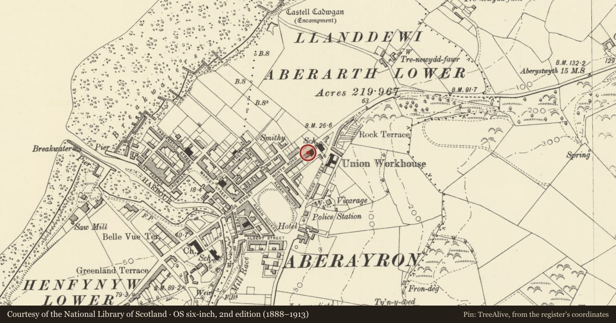 Ordnance Survey six-inch map, 2nd edition (1888–1913) covering the location of 21 North Road, Aberaeron, Ceredigion, with a pin at the register's coordinates