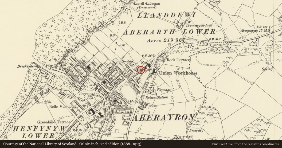 Ordnance Survey six-inch map, 2nd edition (1888–1913) covering the location of 23 North Road, Aberaeron, Ceredigion, with a pin at the register's coordinates