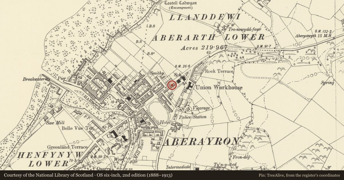 Ordnance Survey six-inch map, 2nd edition (1888–1913) covering the location of 24 North Road, Aberaeron, Ceredigion, with a pin at the register's coordinates
