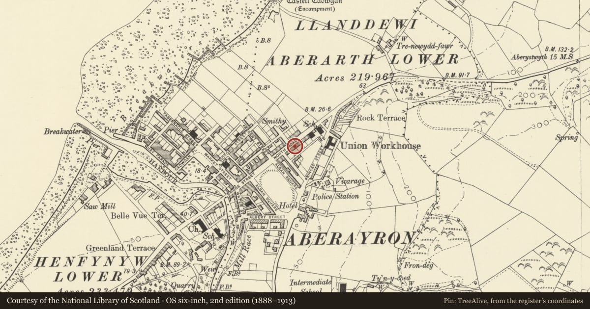 Ordnance Survey six-inch map, 2nd edition (1888–1913) covering the location of 26 North Road, Aberaeron, Ceredigion, with a pin at the register's coordinates